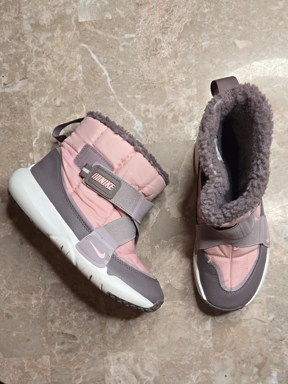 Nike Girls Pink and Gray Quilted Snow Boots